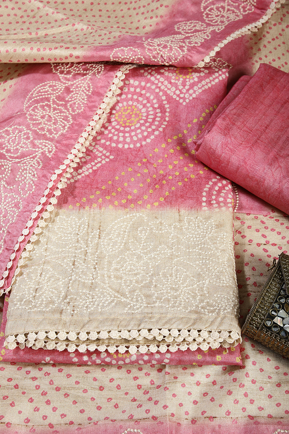 Coral Pink Color Tussar Silk Bandhani Printed Unstitched Suit Material