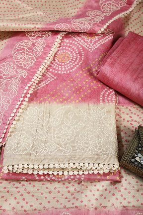 Coral Pink Color Tussar Silk Bandhani Printed Unstitched Suit Material