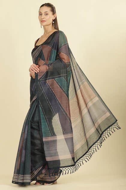 Teal Organza Cotton Printed Saree