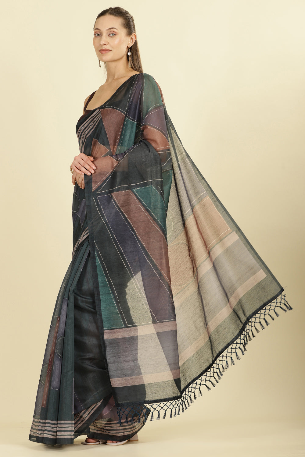 Teal Organza Cotton Printed Saree