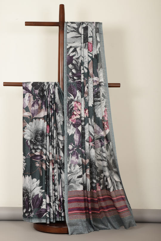 Grey Color Jacquard Silk Printed Saree