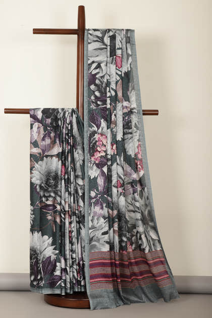 Grey Color Jacquard Silk Printed Saree