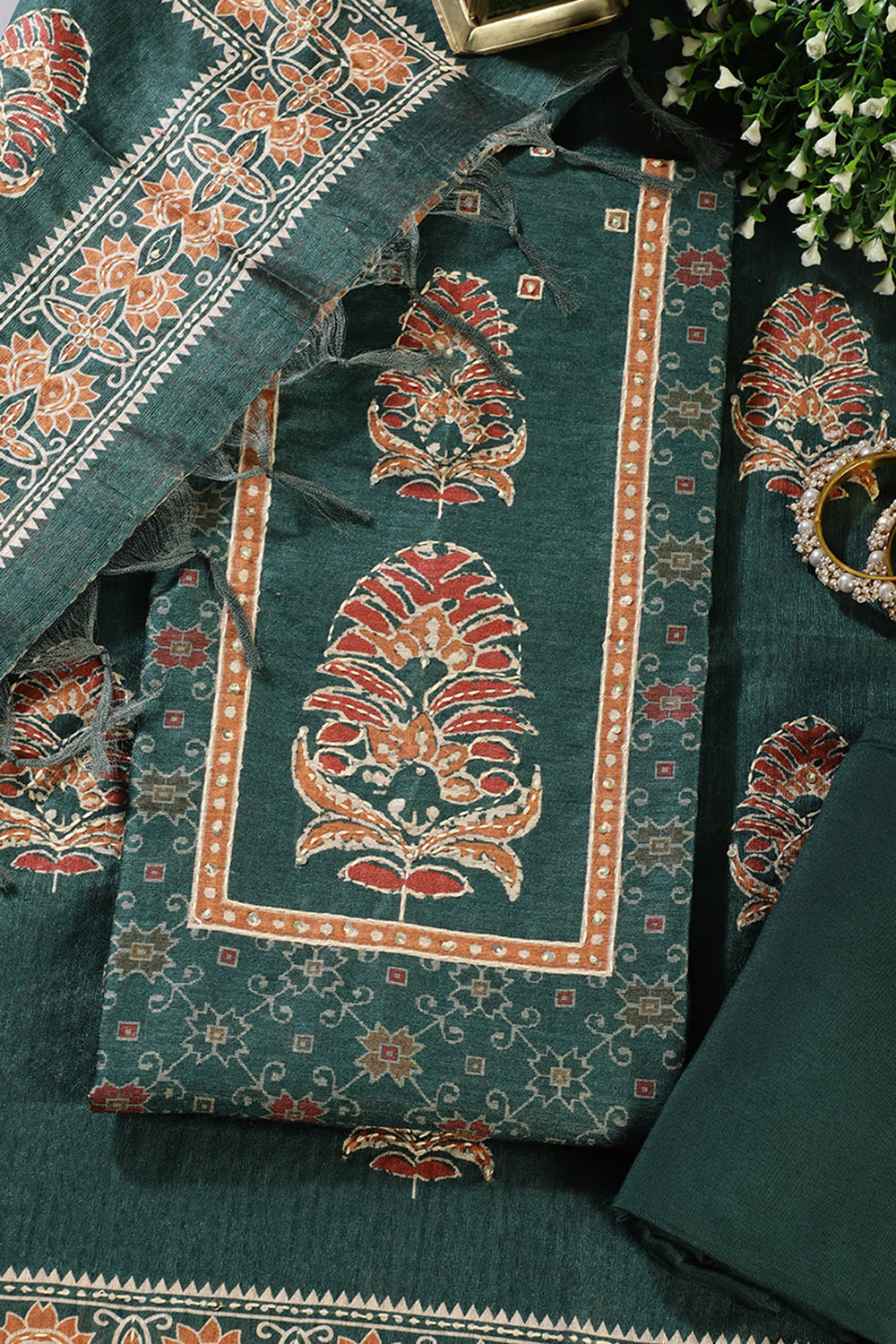 Green Tussar Silk Printed Unstitched Suit Material