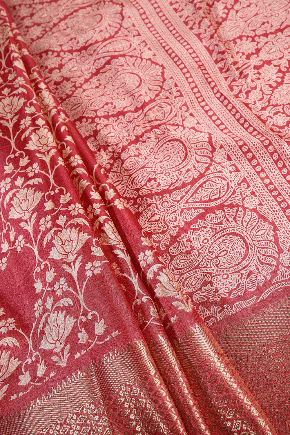 Coral Pink Color Cotton Silk Block Printed Saree
