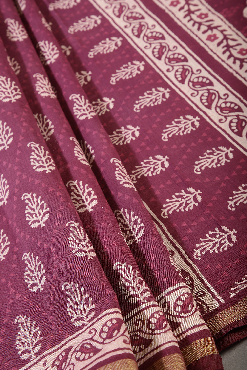 Light Plum Color Cotton Hand-Block Style Printed Saree