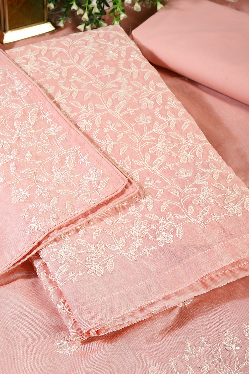 Pink Colour Resham Embroidered Chanderi Unstitched Suit