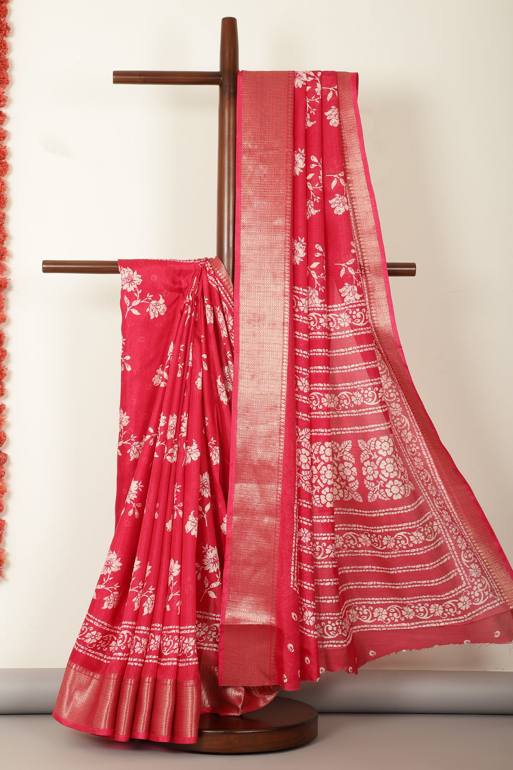 Amaranth Color Cotton Silk Block Printed Saree