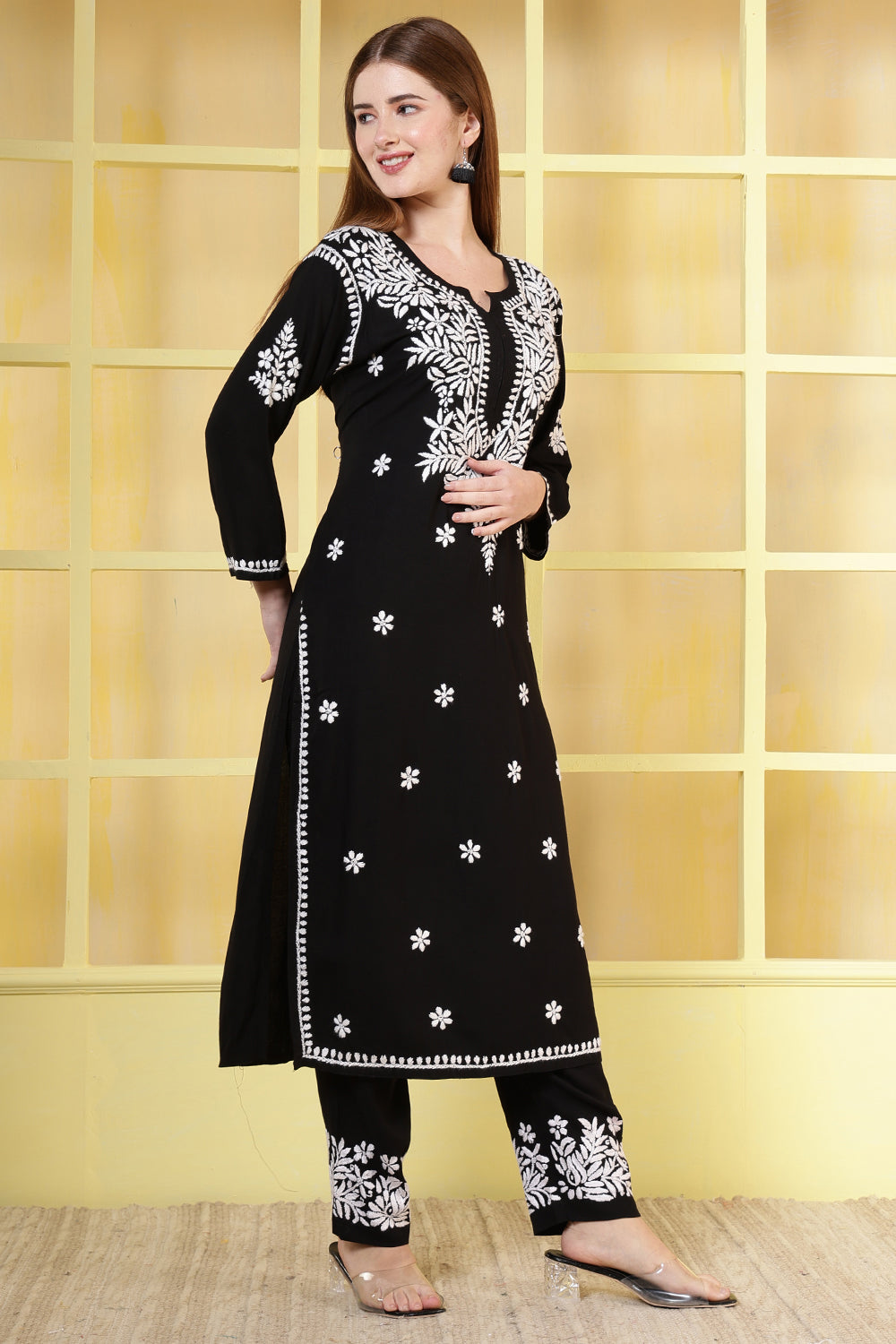 Black Rayon Resham Embroidered Kurti Set
