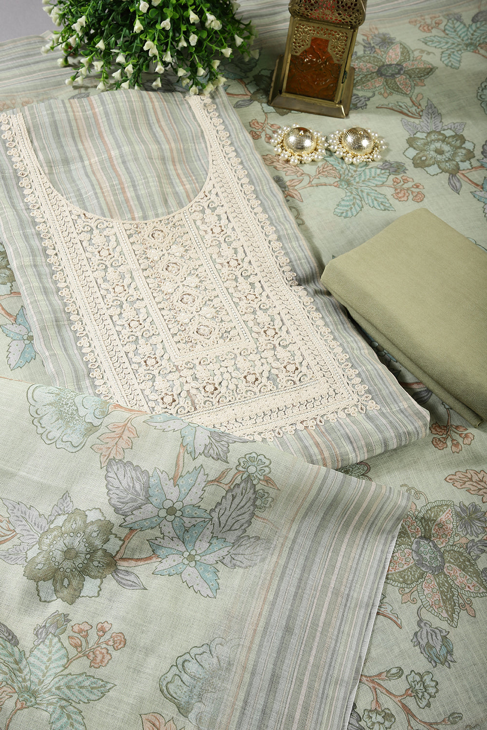 Sea Green Color Linen Cotton Embroidery Unstitched Suit Material