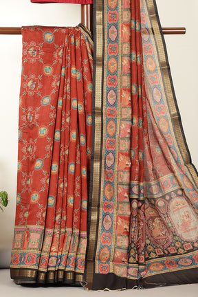Maroon Cotton Kalamkari Printed Saree