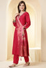 Fushia Pink Color Silk Suit Set With Neck Embroidered & Floral Printed Dupatta