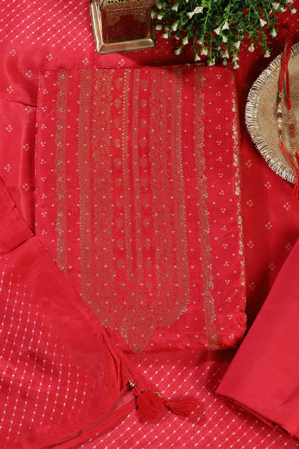 Red Zari Woven And Bandhani Printed Silk Unstitched Suit Fabric