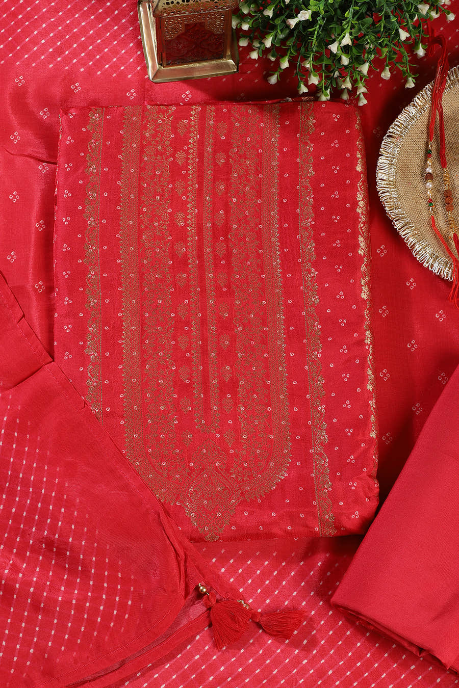 Red Zari Woven And Bandhani Printed Silk Unstitched Suit Fabric