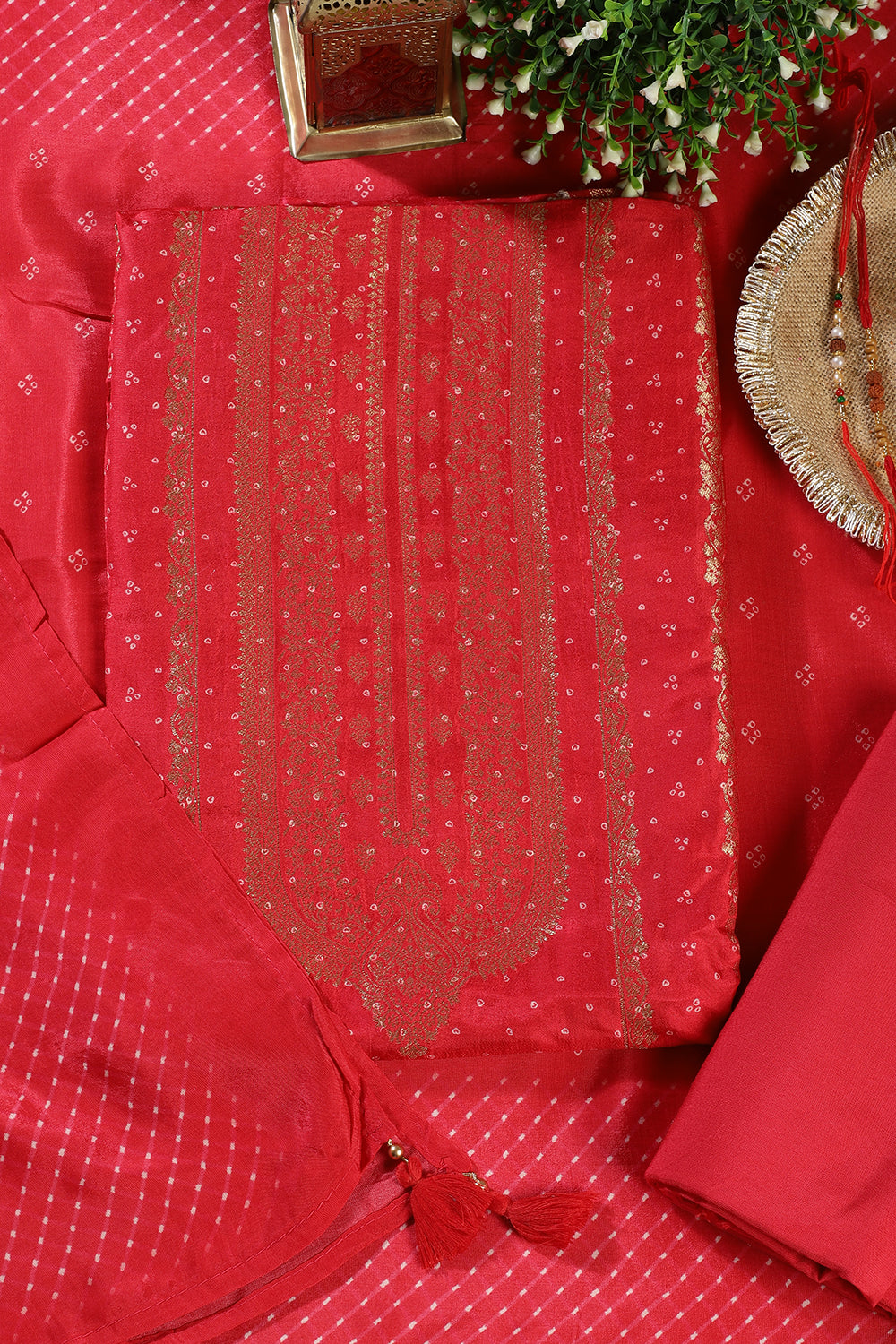 Red Zari Woven And Bandhani Printed Silk Unstitched Suit Fabric