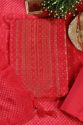 Red Zari Woven And Bandhani Printed Silk Unstitched Suit Fabric