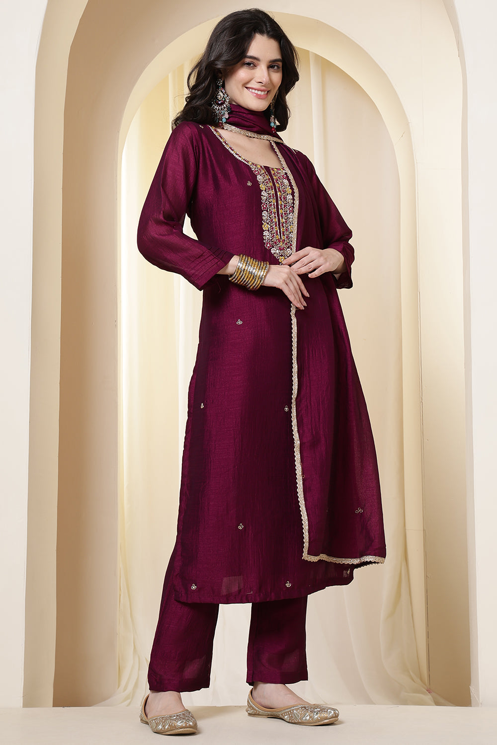 Dark Scarlet Chinone Silk Neck-Embroidered Suit Set