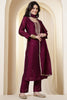 Dark Scarlet Chinone Silk Neck-Embroidered Suit Set