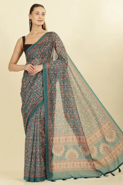 Teal Green Floral Printed Cotton Silk Saree