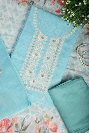 Firozi Color Linen Embroidery Self Print Unstitched Suit Material