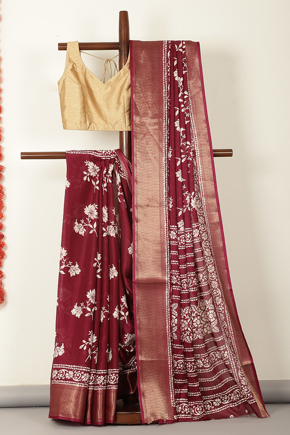 Dark Scarlet Cotton Silk Block Printed Saree