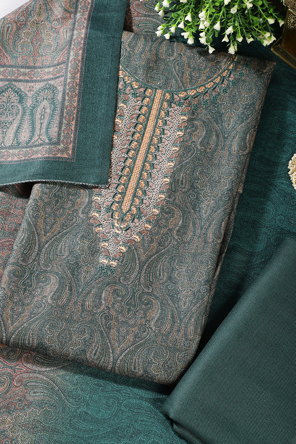 Bottle Green Pashmina Printed And Neck Embroidered Unstitched Suit Material
