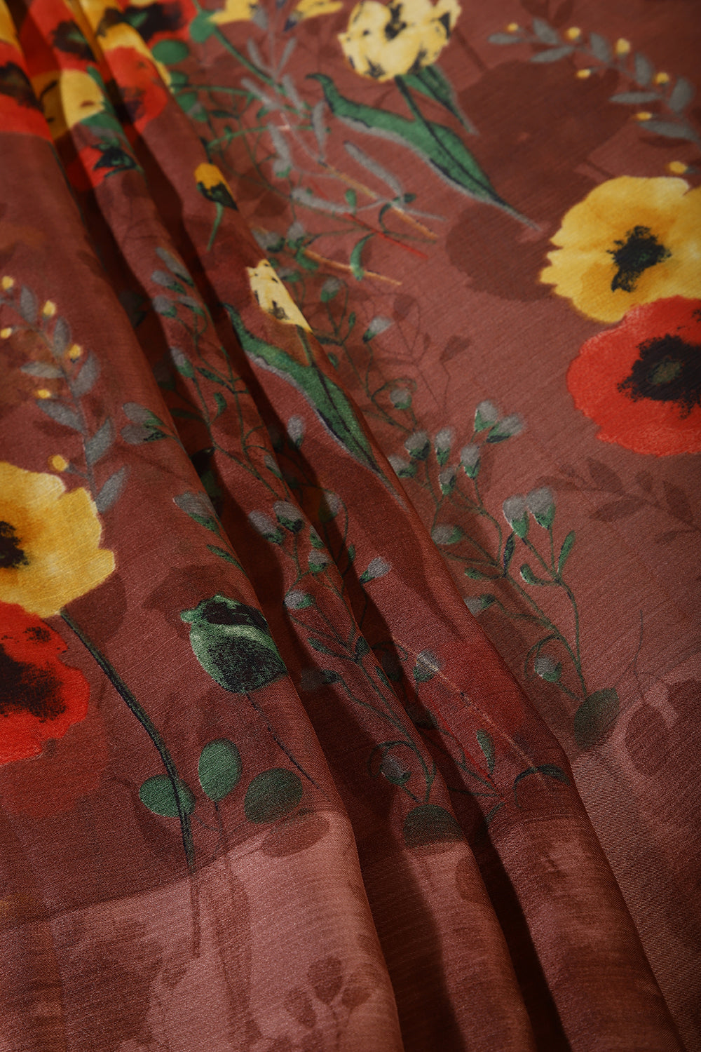 Brown Color Floral Printed Chiffon Saree
