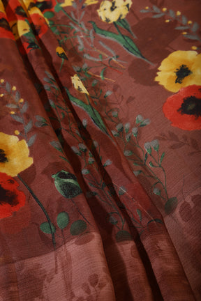Brown Color Floral Printed Chiffon Saree