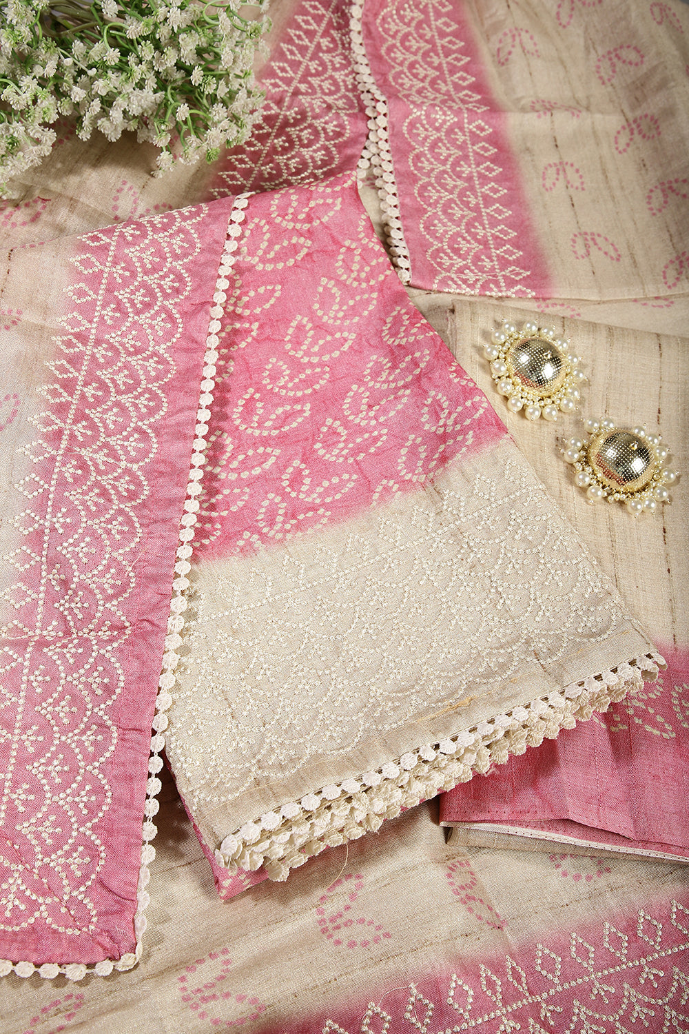 Pink Color Tussar Silk Bandhani Printed Unstitched Suit Material