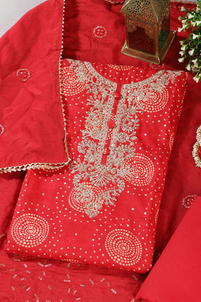Red Cotton Bandhani Printed & Neck Embroidered Unstitched Suit