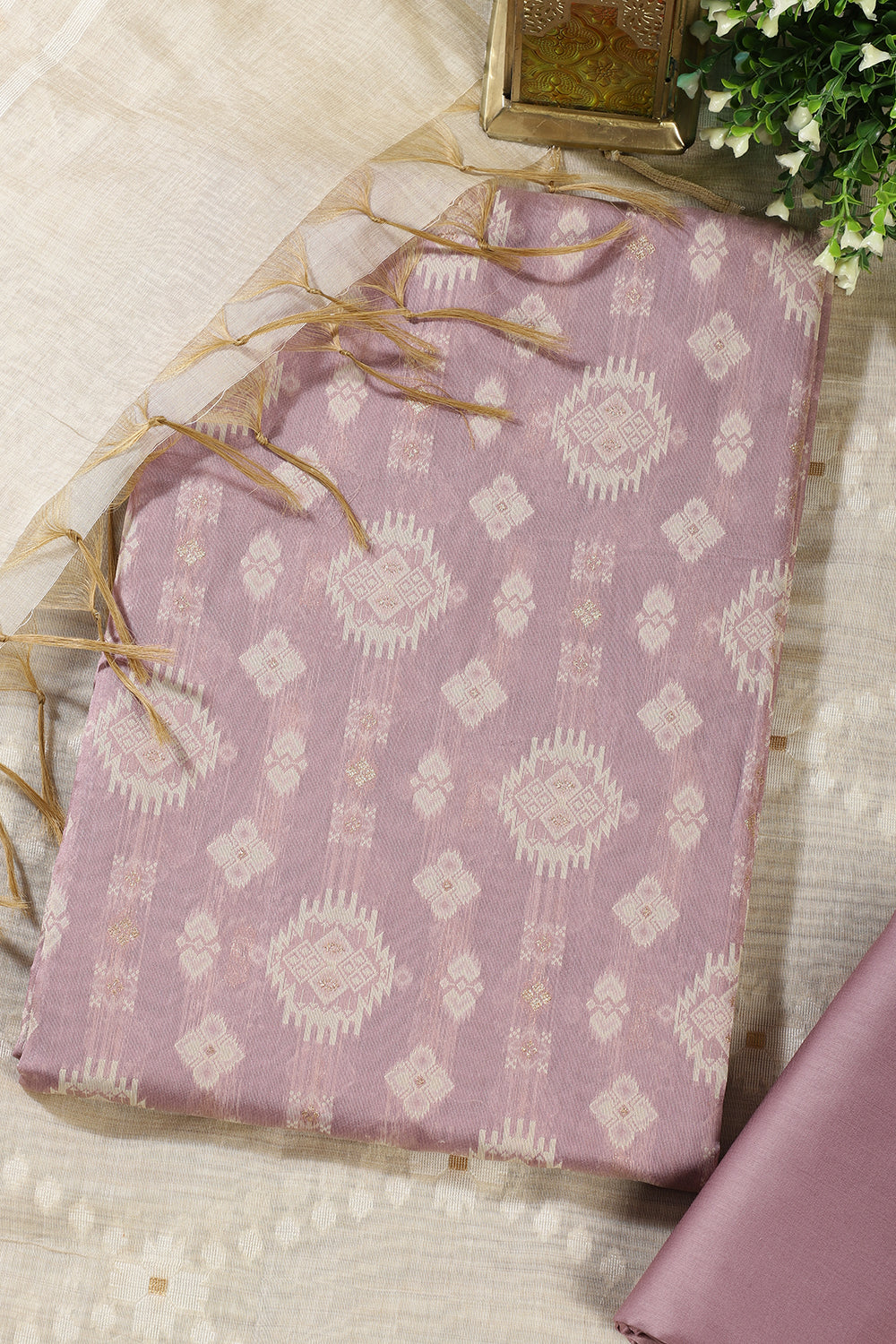 Mauve Chanderi Cotton Woven Unstitched Suit