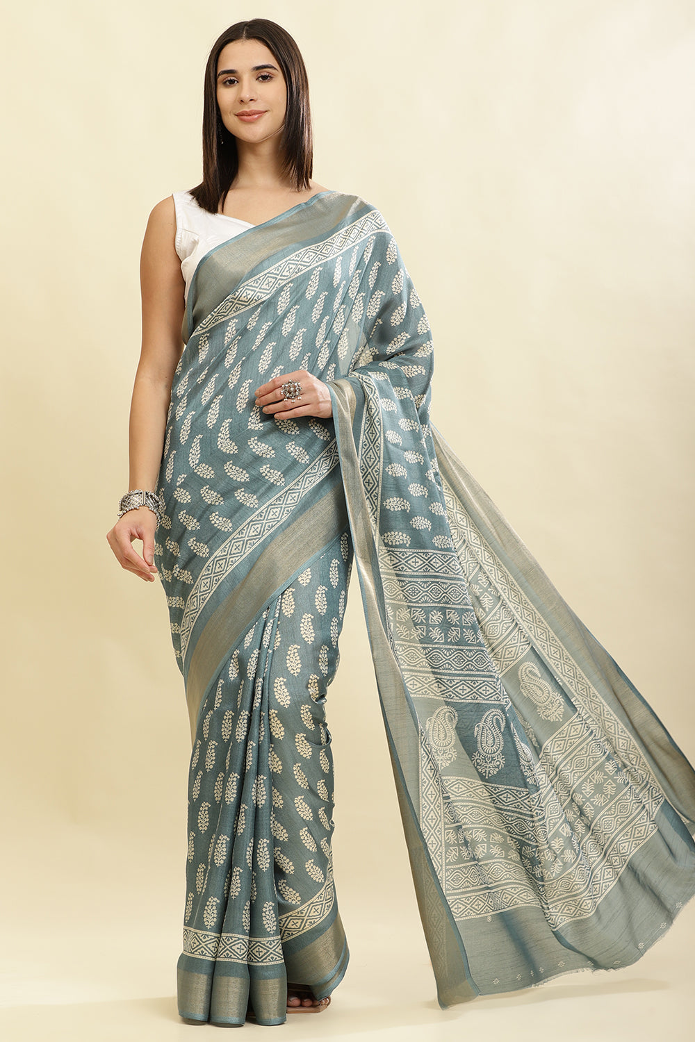 Firozi Color Cotton Silk Boota Printed And Zari Woven Saree