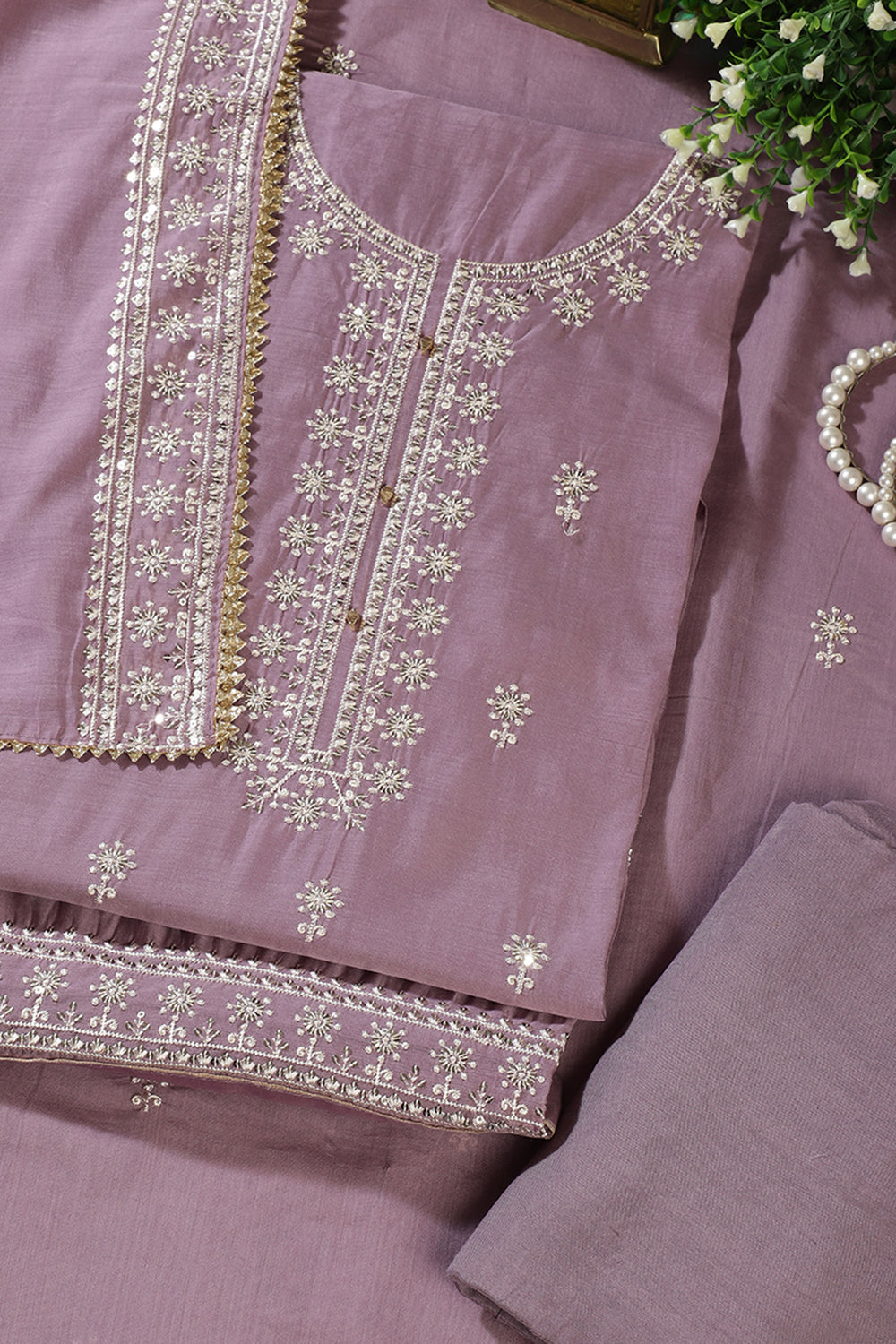 Lavender Chanderi Silk Resham Embroidered Unstitched Suit Material