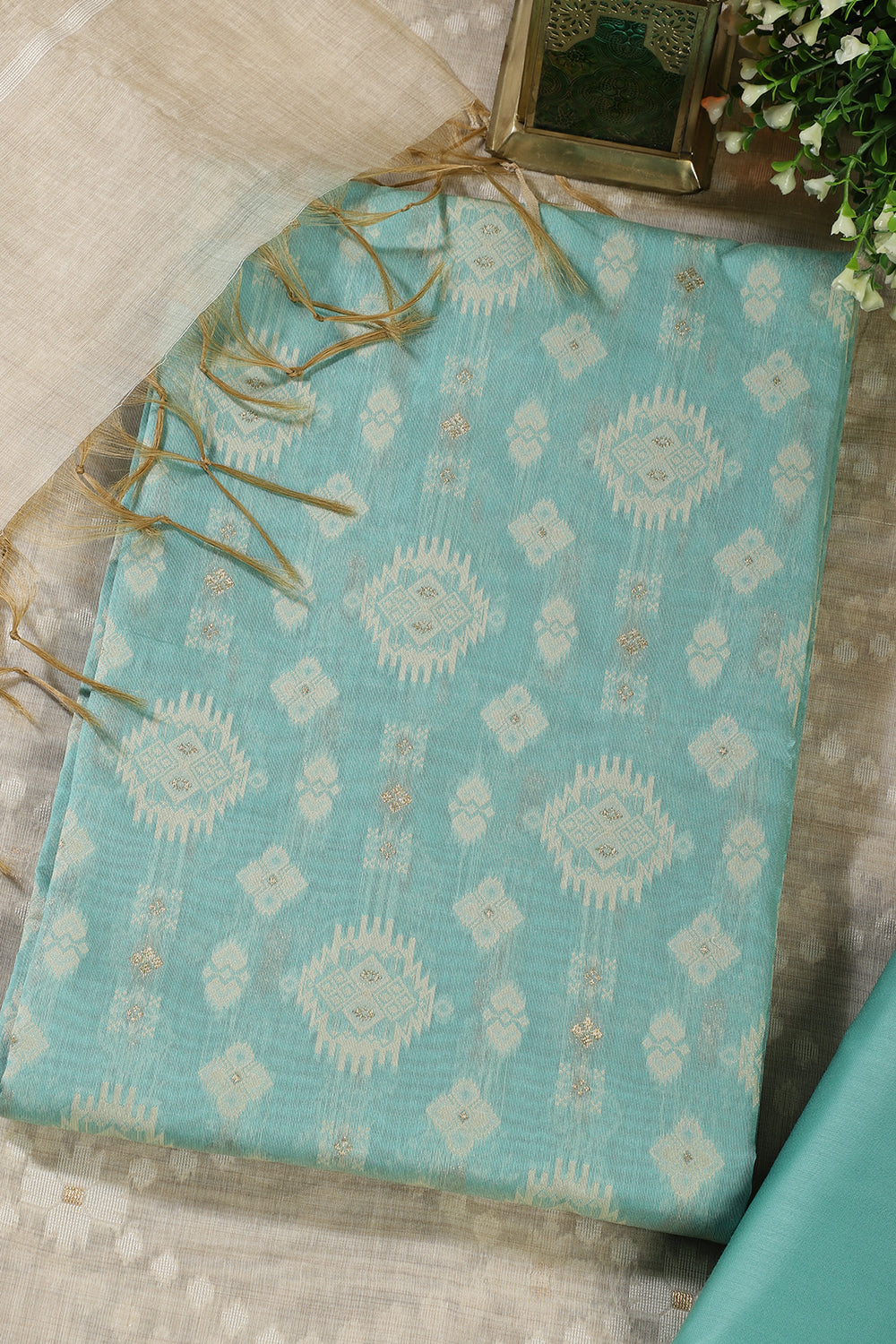 Turquoise  Chanderi Cotton Woven Unstitched Suit
