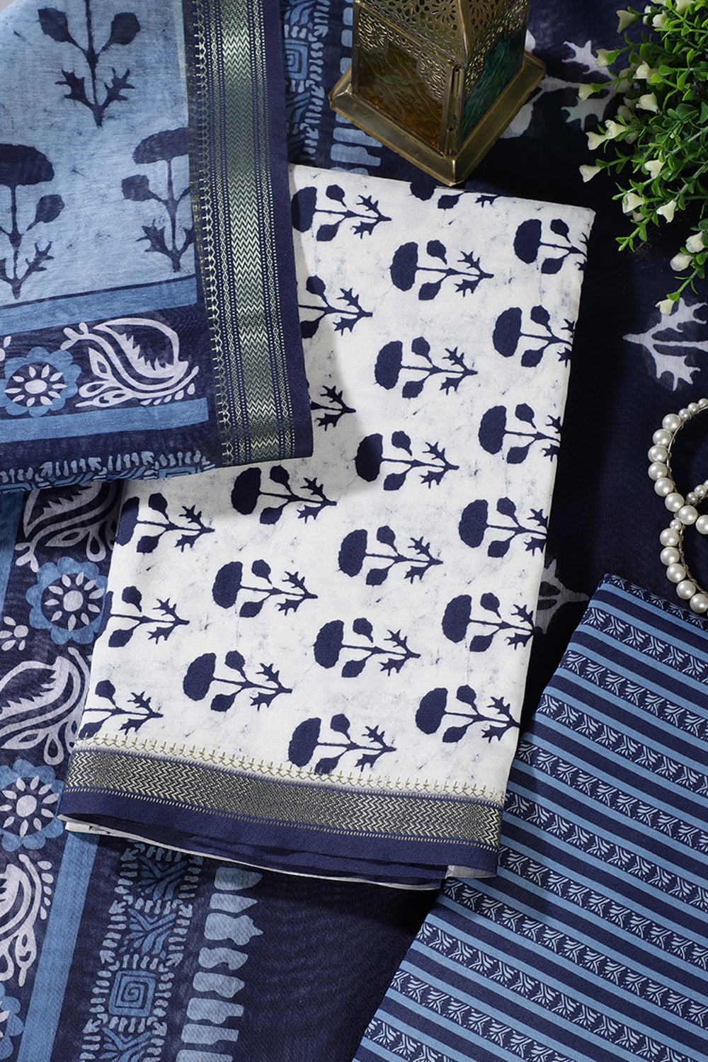 Navy And White Cotton  Zari Border & Floral Block Print Unstitched Suit Material