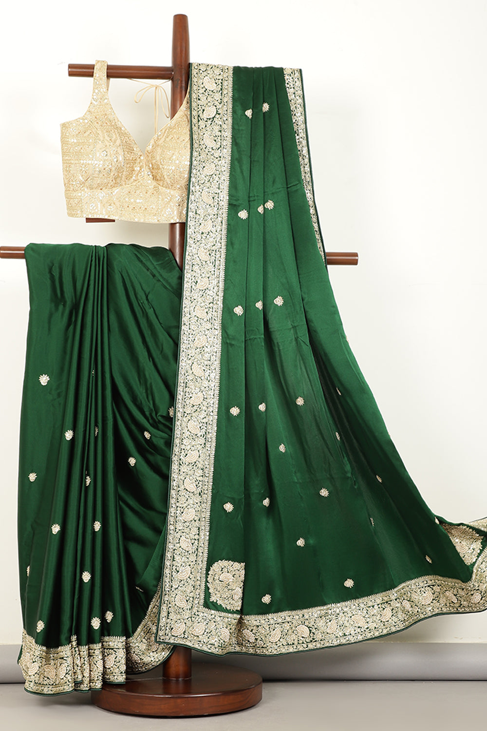 Bottle Green Color Pure Satin Crepe Saree with Zardozi Handwork & Paisley Buta