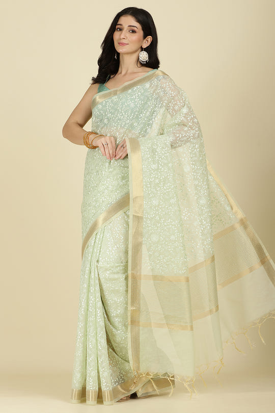 Pista Green Kota Cotton Floral Resham Woven Saree
