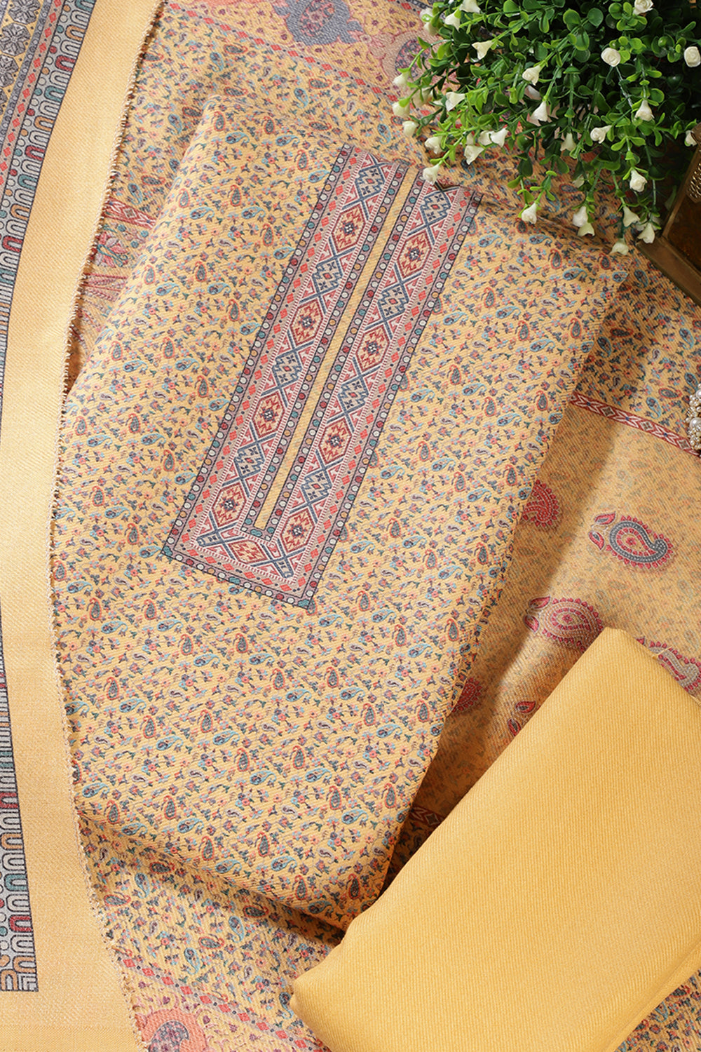 Pale Yellow Pashmina Floral Printed Unstitched Suit Fabric