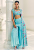 Turquoise Color Embroidered Crepe Crop-Top with Jacket and Palazzo