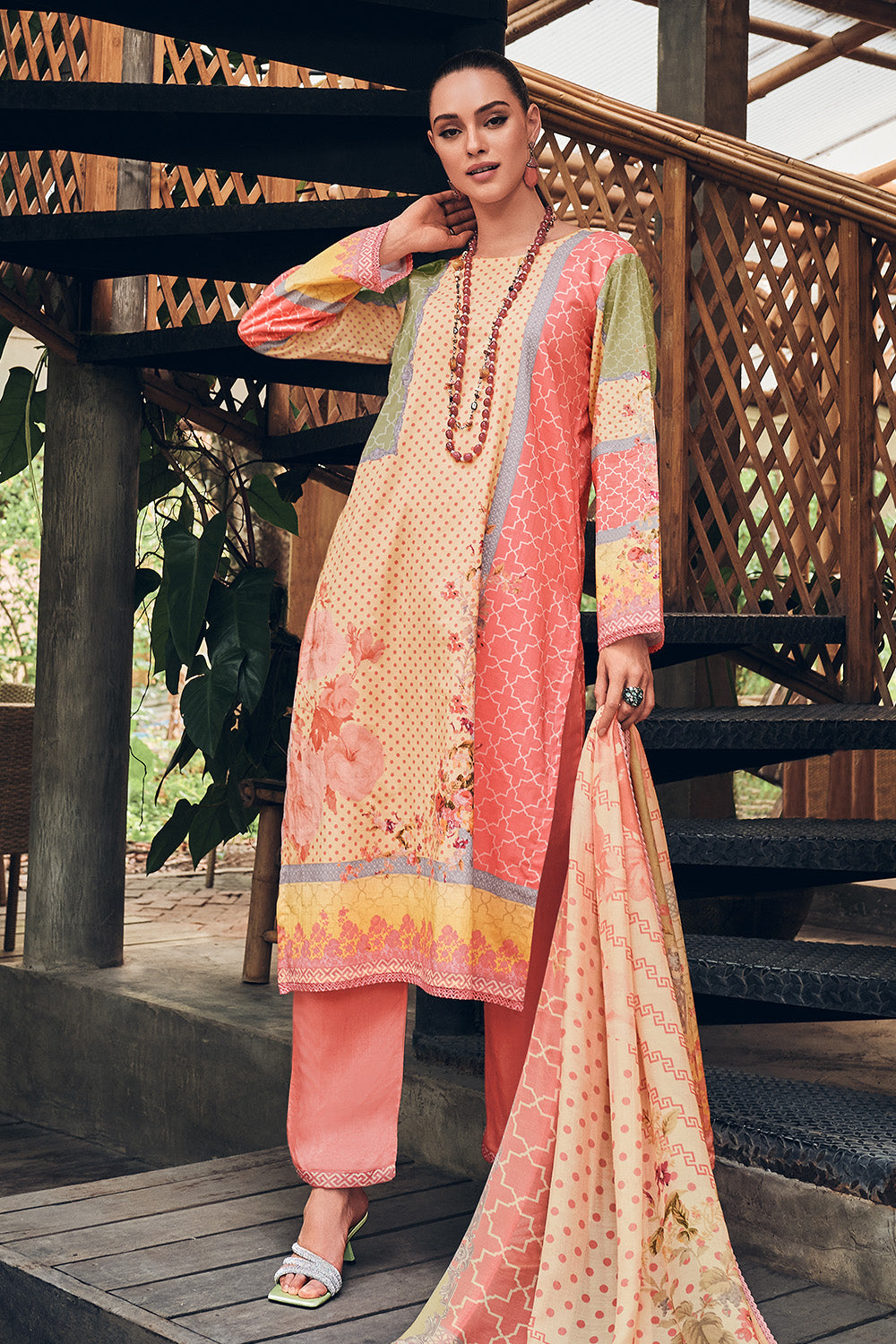 Peach Color Cotton Printed Unstitched Suit Material