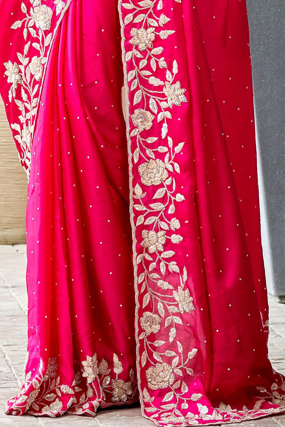 Fuchsia Pink Color Satin Silk Embroidered Saree
