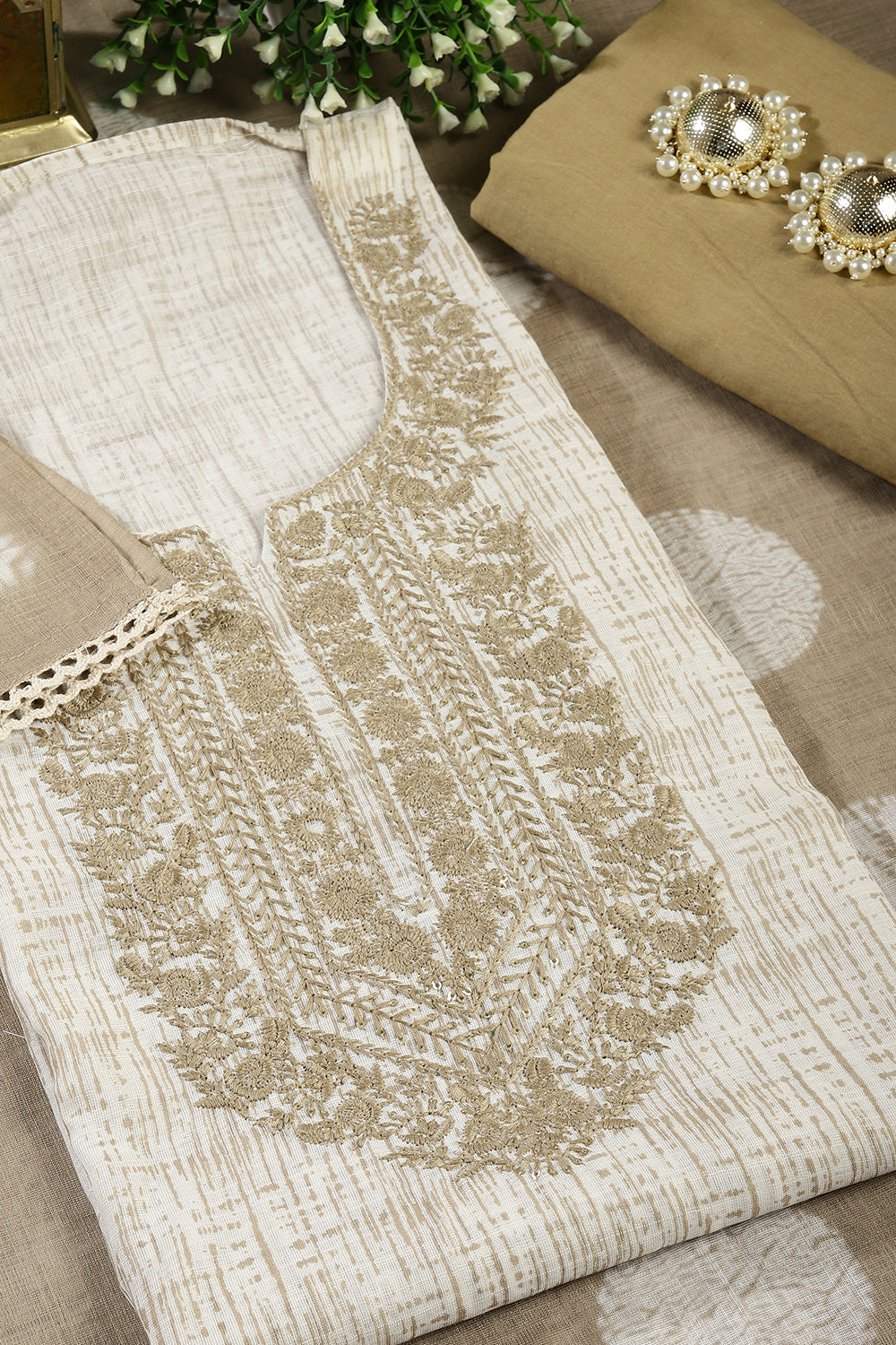 Cream Colour Cotton Printed & Resham Neck Embroidered Unstitched Suit