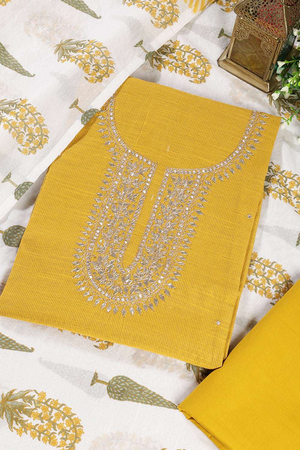 Mustard Cotton Gota Patti and Zari Work Unstitched Suit Material