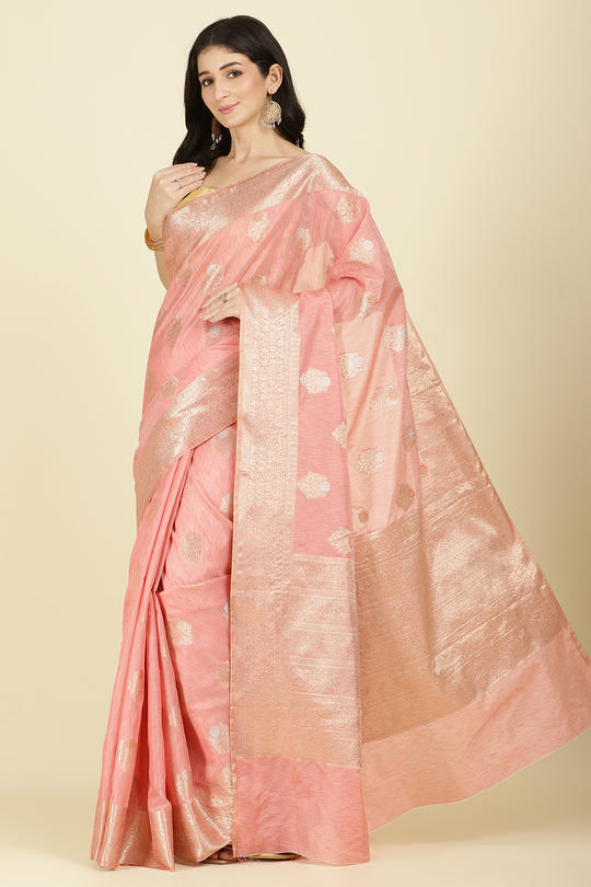 Peach Cotton Zari Woven Saree