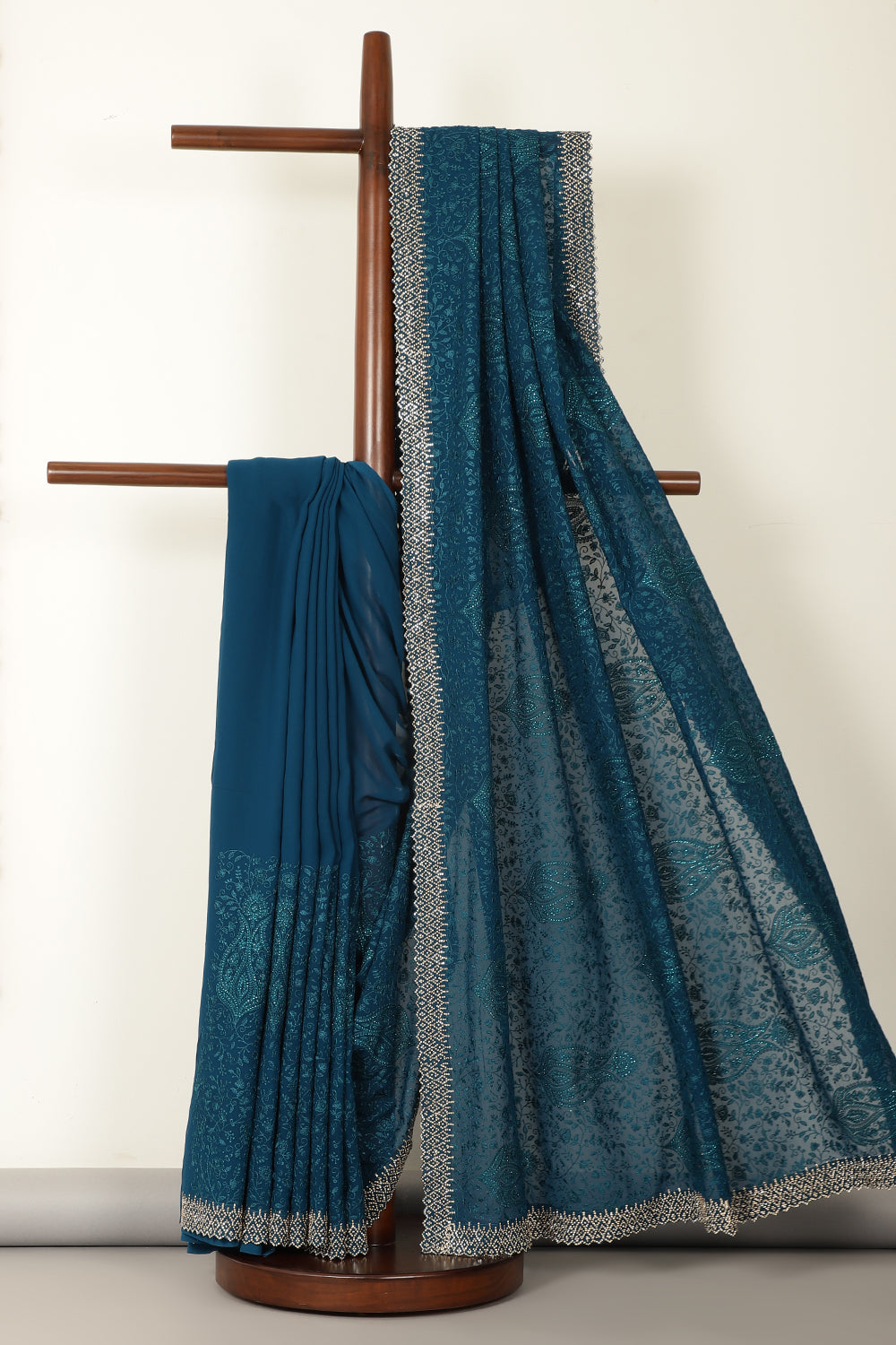 Nile Blue Georgette Resham Floral Jal Woven And Swarovski Work Saree