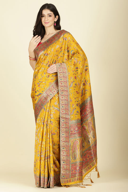 Mustard Silk Madhubani Woven Saree
