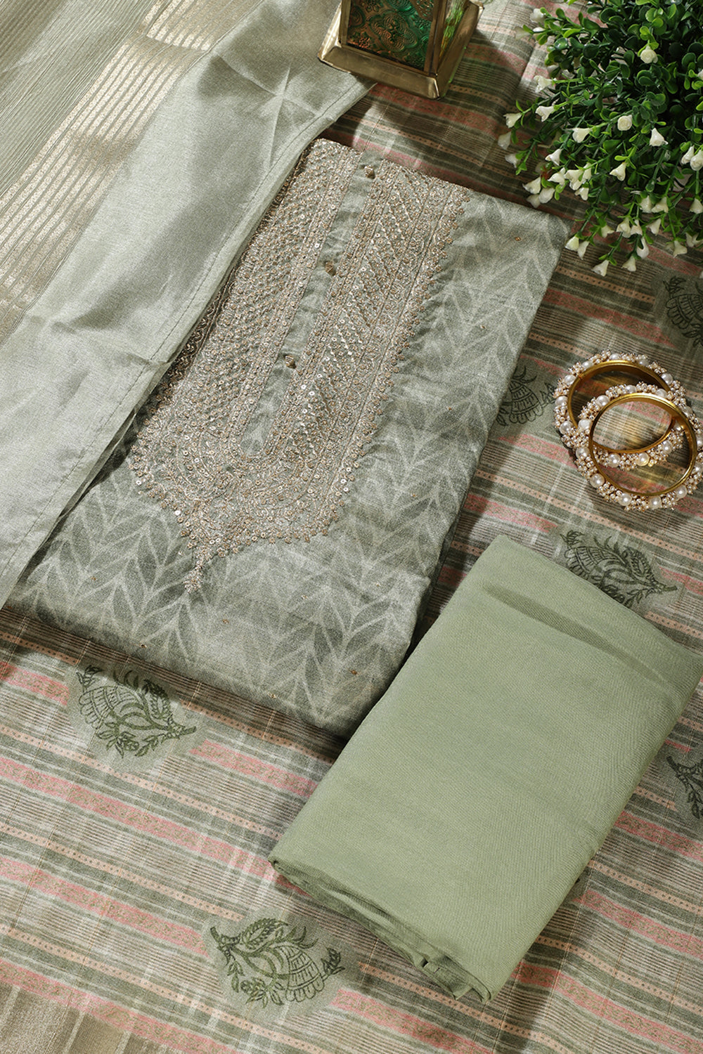 Olive Green Tussar Silk Neck Zari Embroidered & Printed Unstitched Suit Fabric