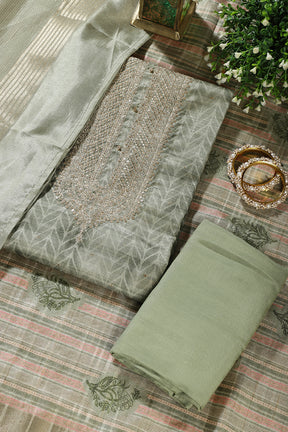 Olive Green Tussar Silk Neck Zari Embroidered & Printed Unstitched Suit Fabric