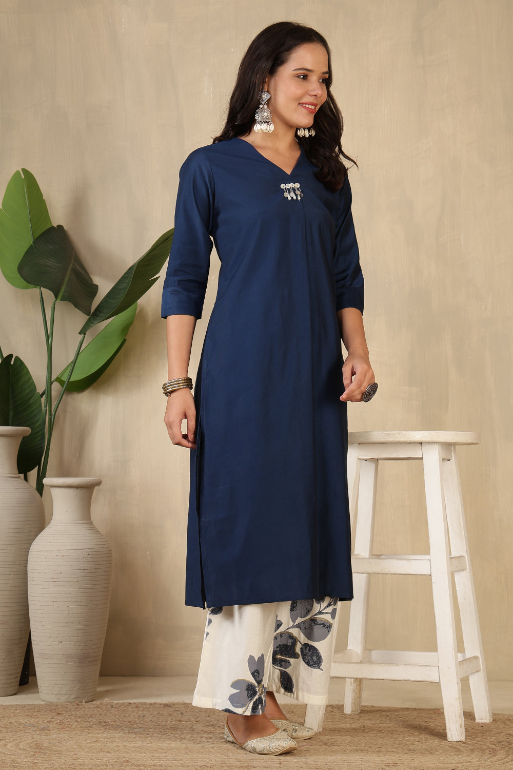 Navy Chanderi Cotton Kurta Set