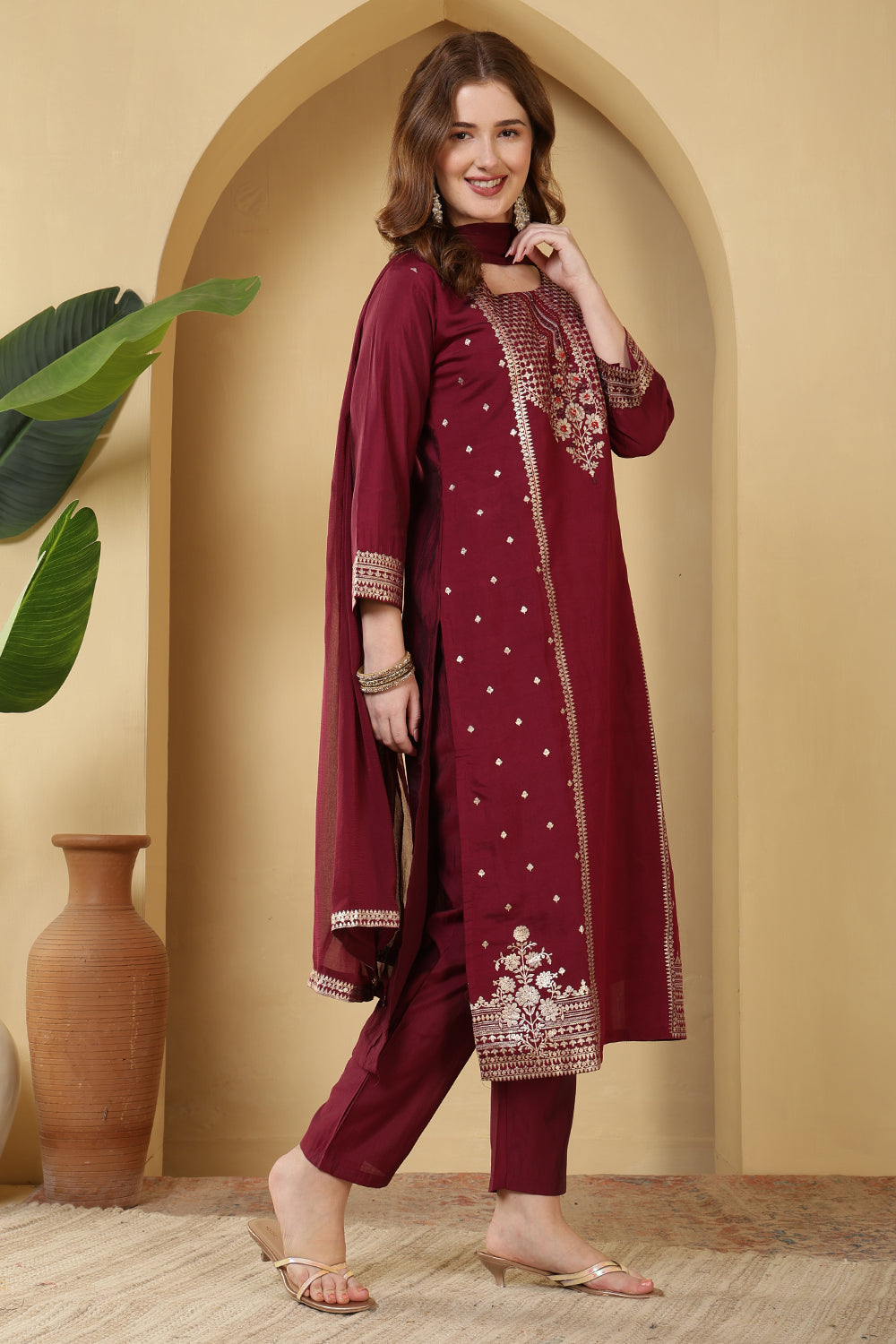 Burgundy Color Cotton Silk Printed & Neck Embroidered Suit