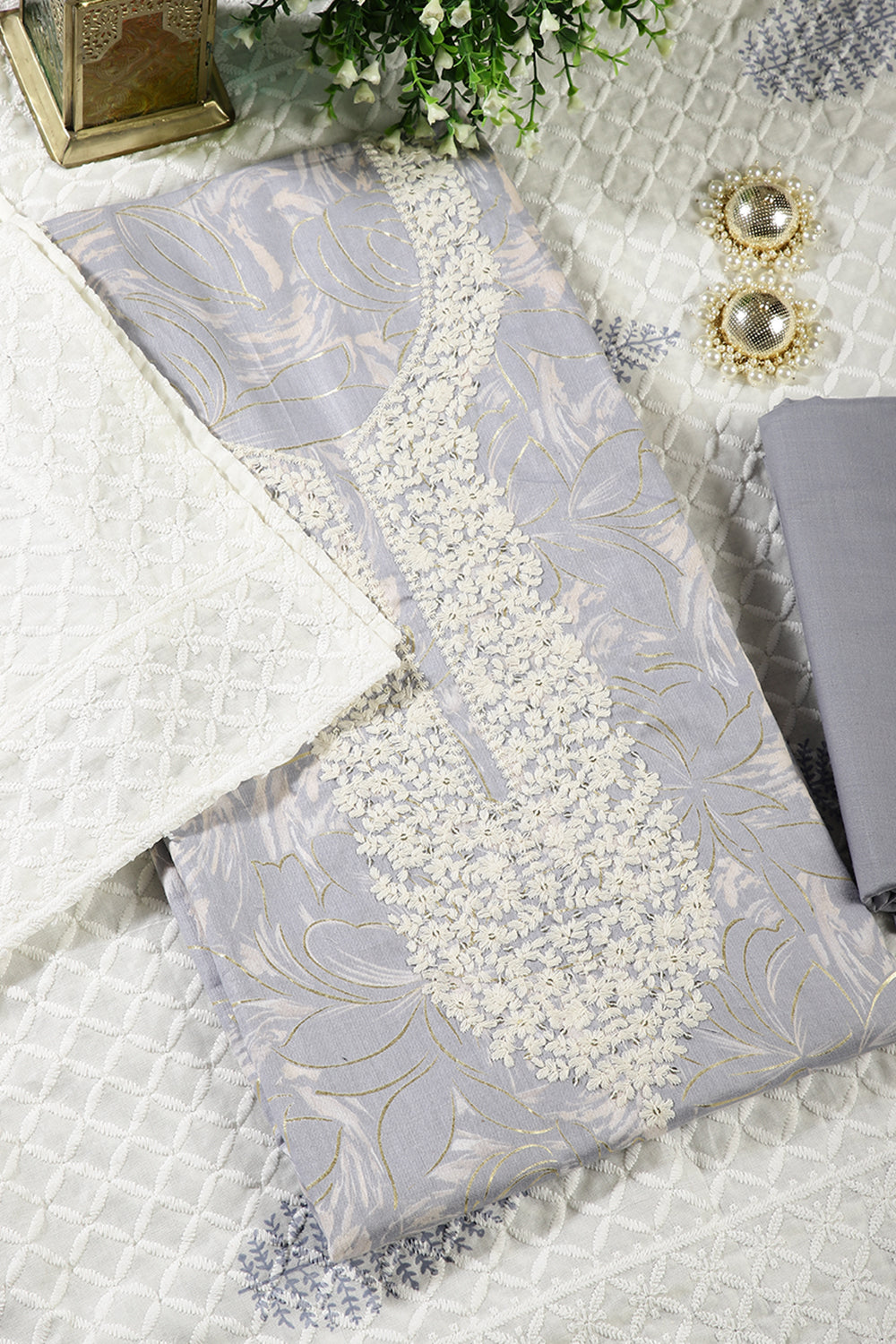 Grey Colour Cotton Printed & Resham Neck Embroidered Unstitched Suit